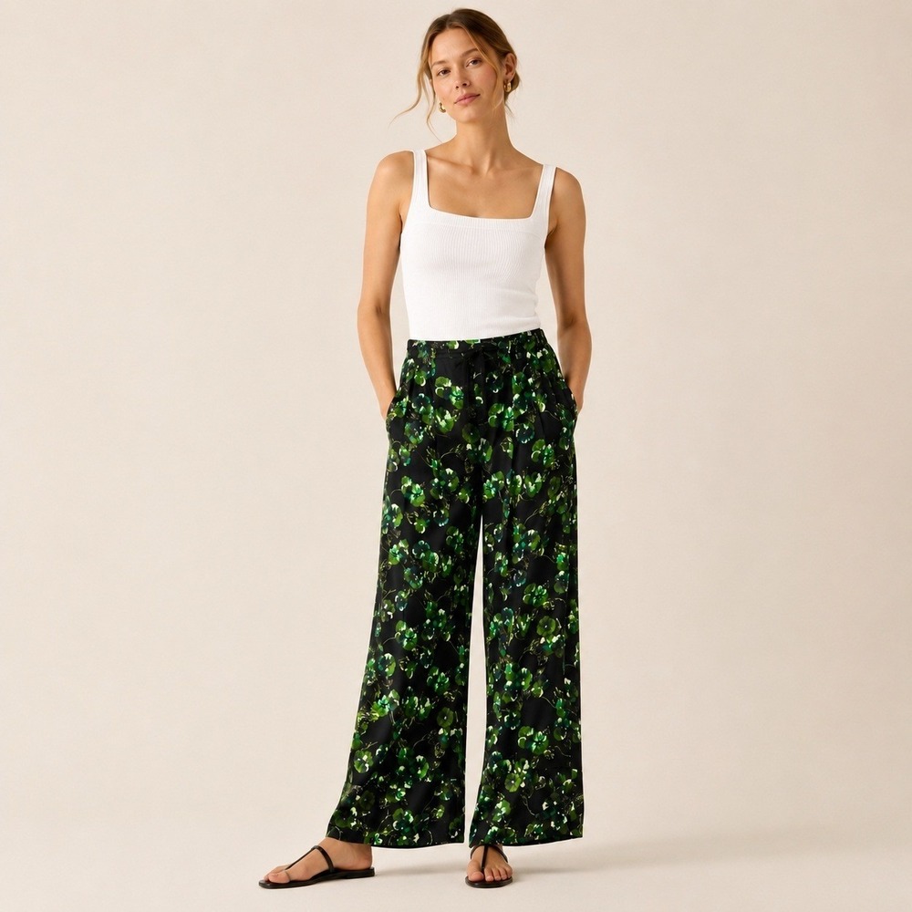 Elevenses Womens Floral Wide Leg Pants Size 8 Green Black Anthropologie Trousers